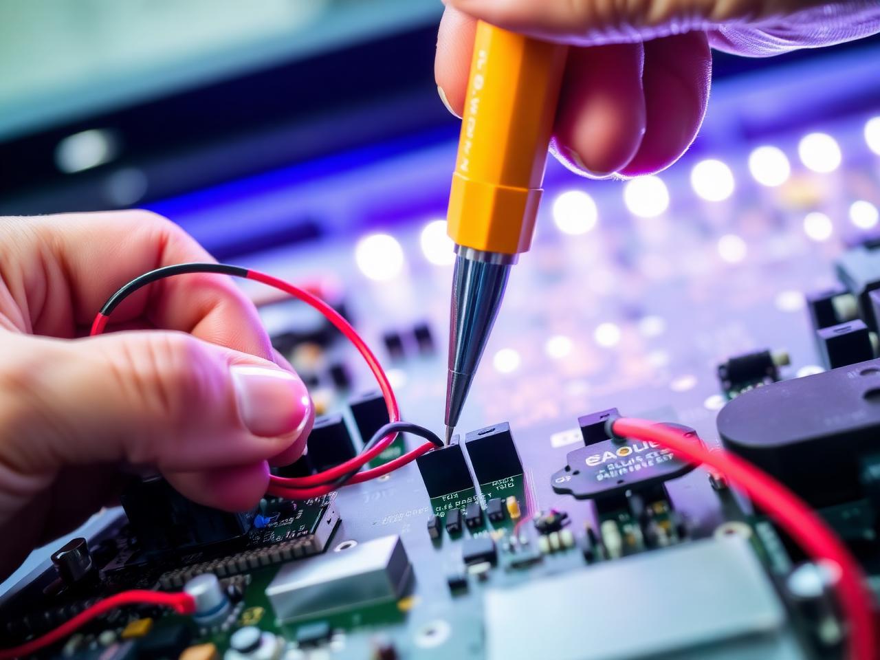 Técnico consertando placa de TV LED com multímetro